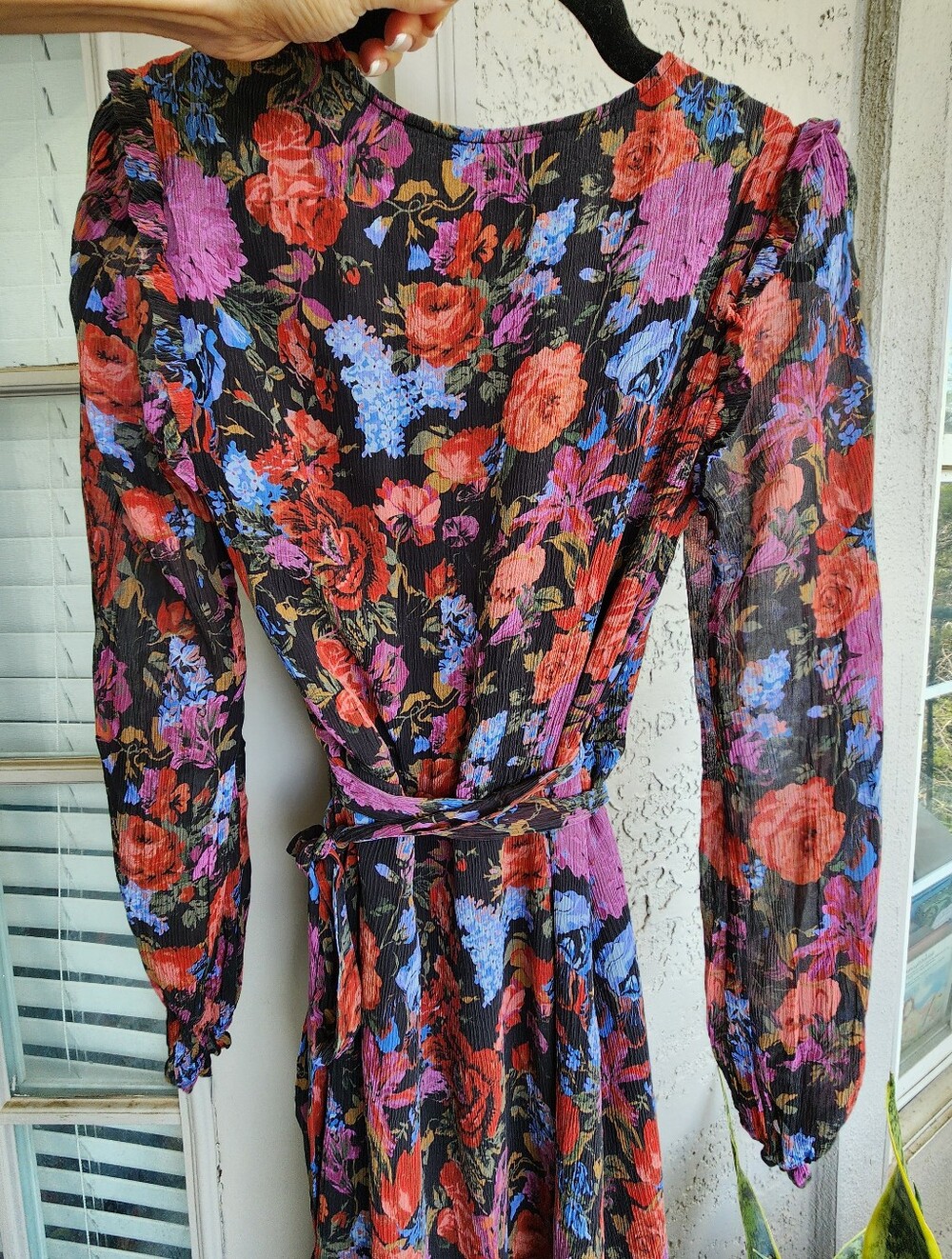 PAIGE Paulette Floral Long Sleeve  V-Neck Midi Wrap Dress - Black Red Pink Multi - Picture 13 of 16